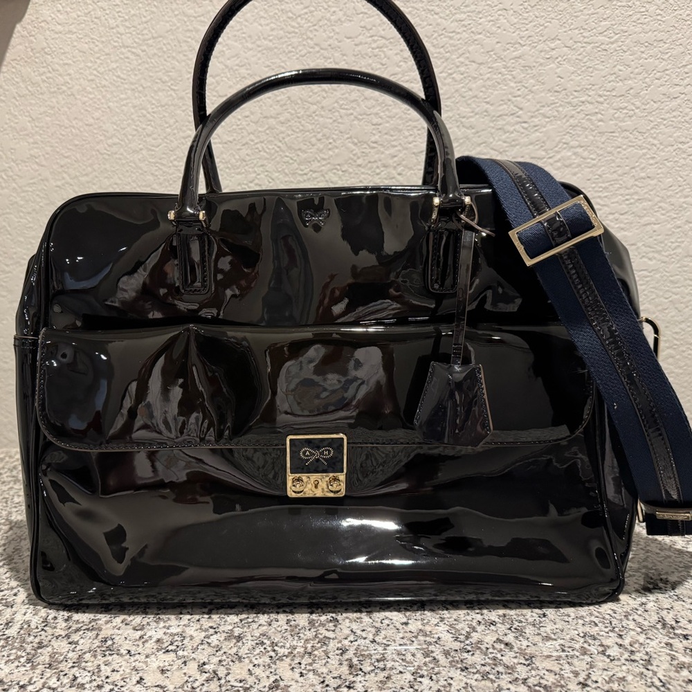 Anya Hindmarch Black Patent Satchel with Navy Strap